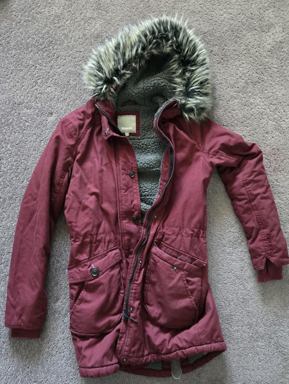 Bench Women's Wine Red Trench Coat with Faux-Fur Hood